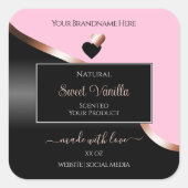 Pink Black Wavy Roos Gold Hearts Productlabels Vierkante Sticker (Voorkant)
