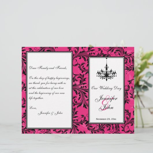 Pink Black White Chandelier Scroll Wedding Program (Staand voorkant)