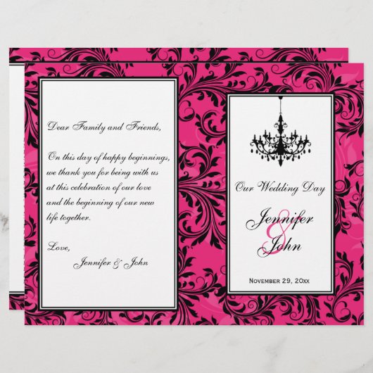 Pink Black White Chandelier Scroll Wedding Program (Voorkant / Achterkant)