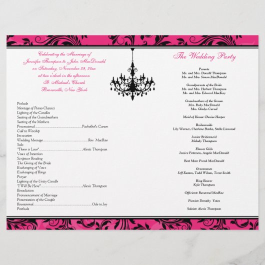 Pink Black White Chandelier Scroll Wedding Program (Achterkant)