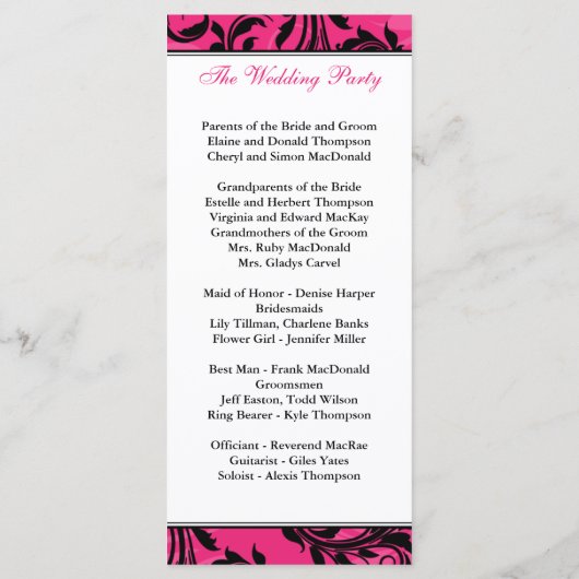 Pink Black White Chandelier Scroll Wedding Program Programmakaart (Achterkant)