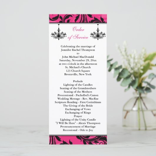 Pink Black White Chandelier Scroll Wedding Program Programmakaart (Staand voorkant)
