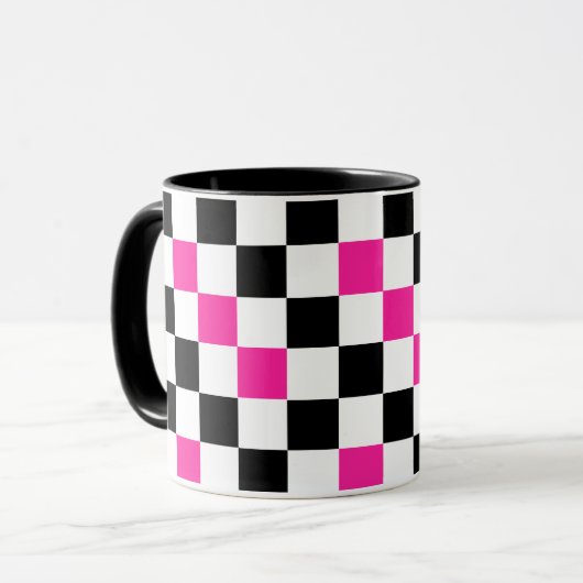Pink Black White Checkered Pattern Design  Mok (Voorkant links)