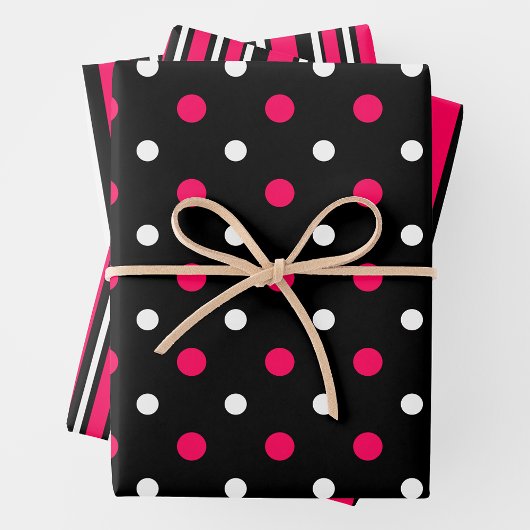 Pink, Black & White Fun Stripes & Polka Dots Inpakpapier Vel