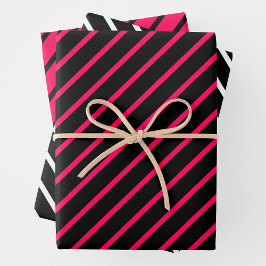Pink, Black & White Striped Inpakpapier Vel