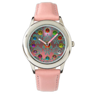 PINK BLAUW BLAUWGROEN DAMASK EN 3D KLORFUL GEMSTON HORLOGE