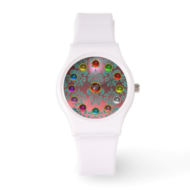 PINK BLAUW BLAUWGROEN DAMASK EN 3D KLORFUL GEMSTON HORLOGE (Voorkant)