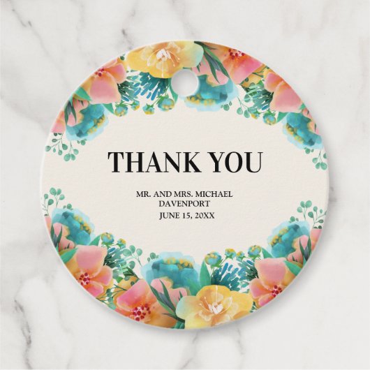 Pink Blauwgroen Gele Waterverf Floral Wedding Bedankjes Labels (Voorkant)