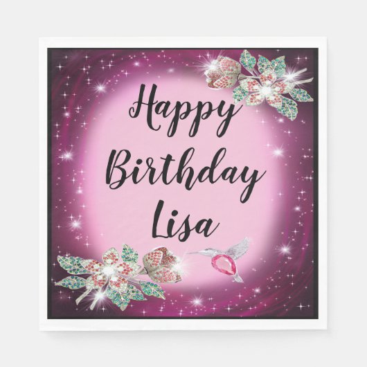 Pink Bling Floral Bird Birthday Servet (Voorkant)