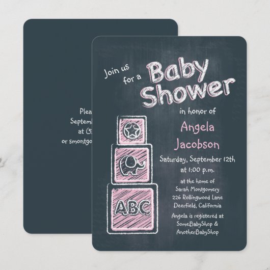 Pink Blocks Chalkboard Baby shower Uitnodiging (Voorkant / Achterkant)
