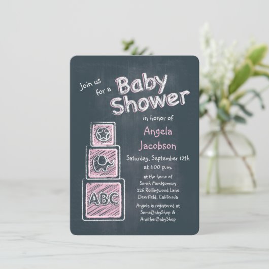 Pink Blocks Chalkboard Baby shower Uitnodiging (Staand voorkant)