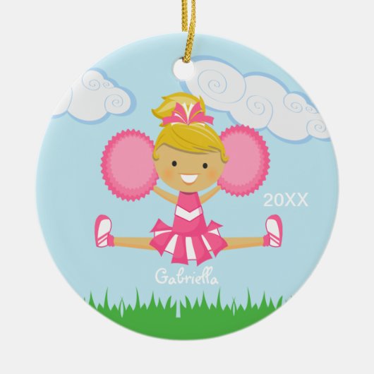 Pink Blonde Haire Cheerleader Kerstornament Keramisch Ornament (Voorkant)