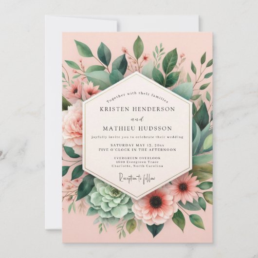 Pink Bloom Botanical Wedding Kaart (Voorkant)