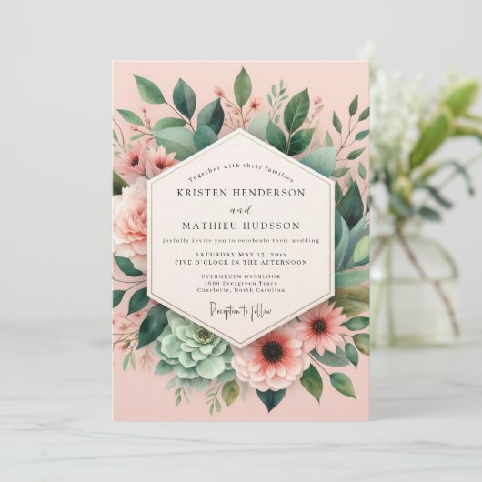 Pink Bloom Botanical Wedding Kaart (Staand voorkant)
