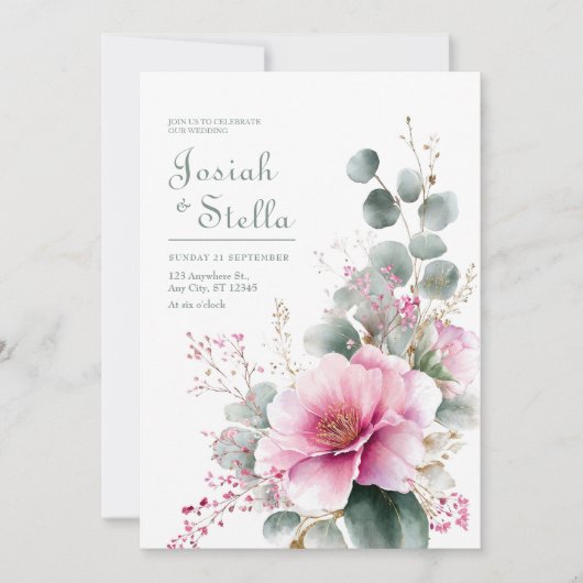 Pink Bloom Eucalyptus Gold Glitter Watercolor Kaart (Voorkant)