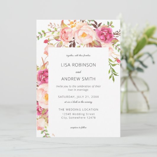Pink Blooming Blush 2 Floral Wedding Uitnodiging (Staand voorkant)