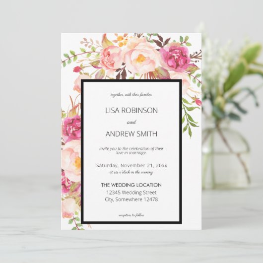Pink Blooming Blush Floral Wedding Kaart (Staand voorkant)
