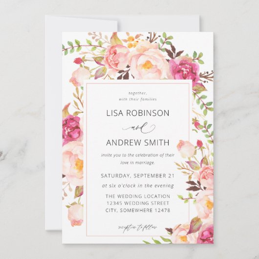 Pink Blooming Blush Floral Wedding V3 Kaart (Voorkant)