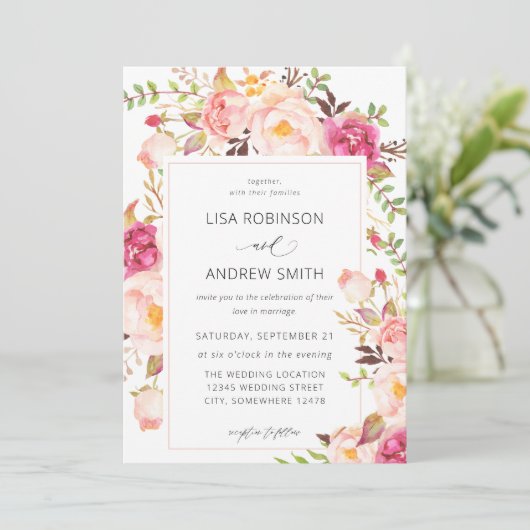 Pink Blooming Blush Floral Wedding V3 Kaart (Staand voorkant)