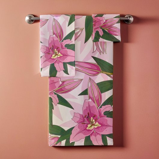 Pink Blooming Lily Bad Handdoek
