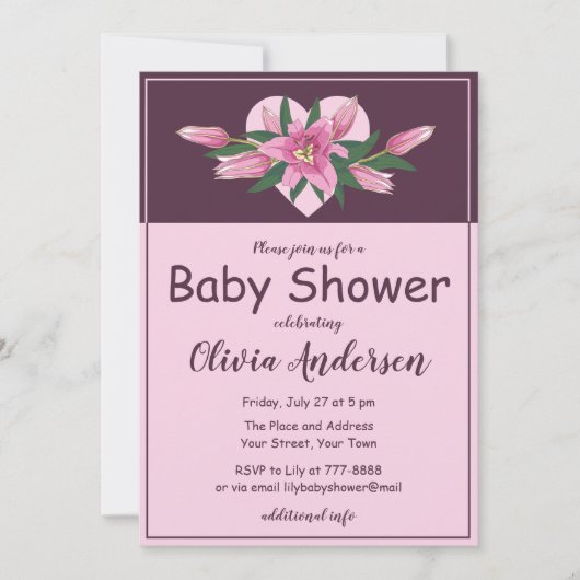 Pink Blooming Lily Sweet Heart Baby shower Kaart (Voorkant)