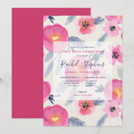 Pink Blooms Waterverf Floral Eerste Heilige Commun Kaart