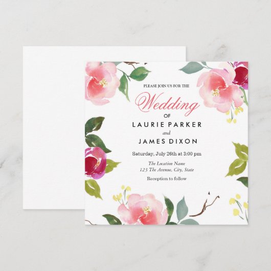 Pink Blossom Floral Wedding Invitation Kaart (Voorkant / Achterkant)