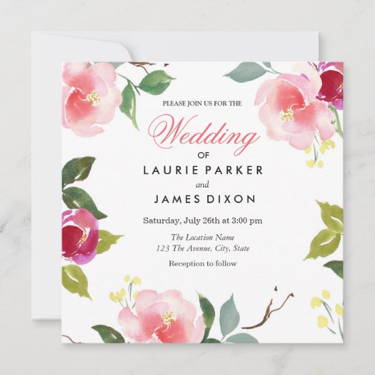 Pink Blossom Floral Wedding Invitation Kaart (Voorkant)