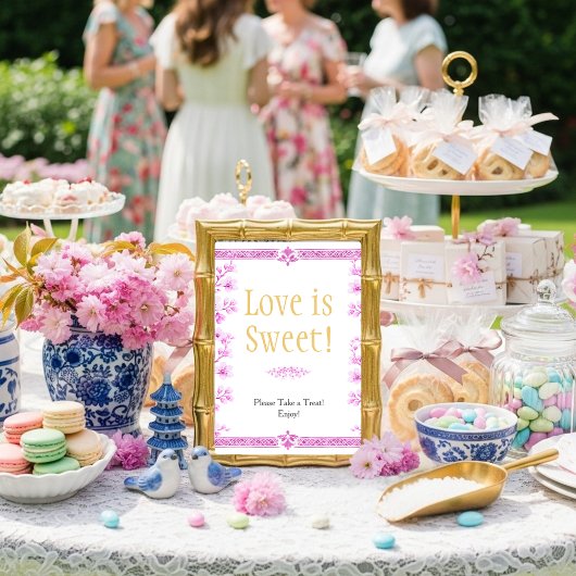 Pink blossom florals "Love is Sweet"  Sign Kaart