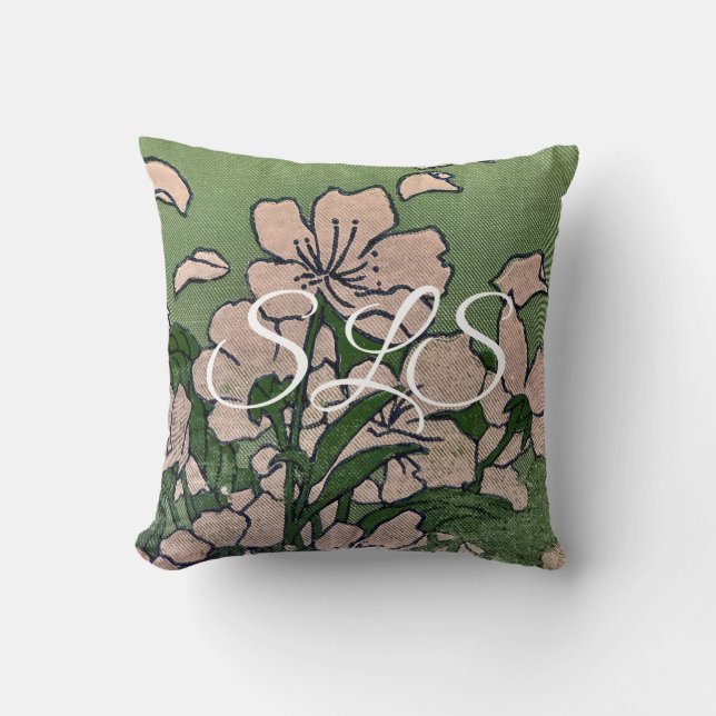 Pink Blossom Green Throw Pillow Kussen (Voorkant)