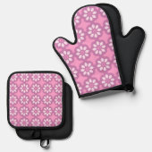 Pink Blossom Retro Tile Pattern Ovenwant & Pannenlap Set (Voorkant / Achterkant)