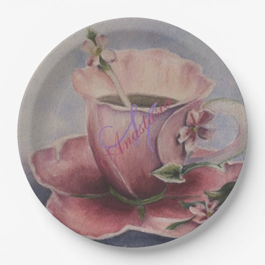 PINK BLOSSOM TEA CUP MONOGRAM PARTY PAPIEREN BORDJE (Voorkant)