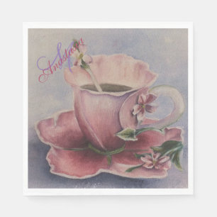 PINK BLOSSOM TEA CUP MONOGRAM PARTY SERVETTEN