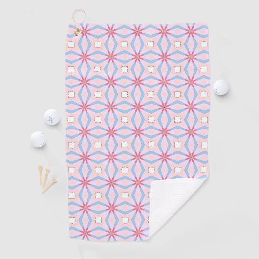 Pink, blue and white geometric patterned  golfhanddoek (Insitu)