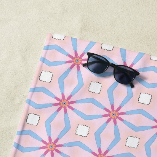 Pink, blue and white geometric patterned  strandlaken (In situ)