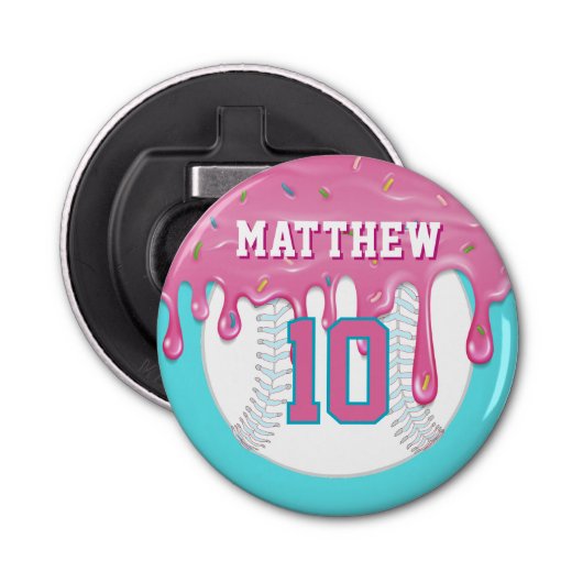 Pink & Blue Baseball Drip Button Flesopener (Voorkant)