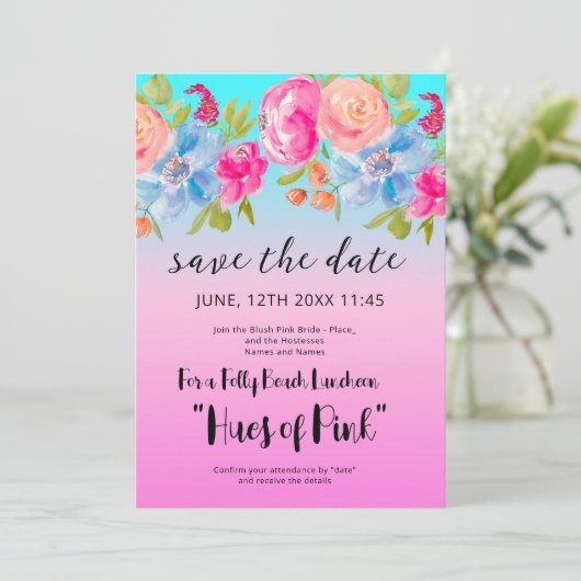 Pink Blue Beach Gradient Bridal Save the Date Kaart (Staand voorkant)