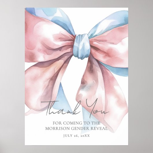 Pink Blue Bow Gender Reveal Thank You Sign Poster (Voorkant)