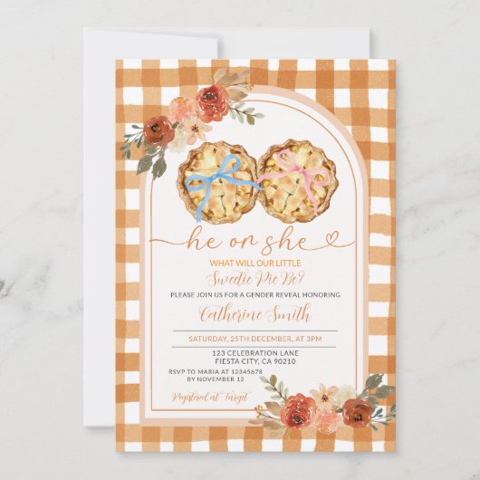 Pink Blue Bow Pumpkin Pie Geslacht Reveal Gingham Kaart (Voorkant)