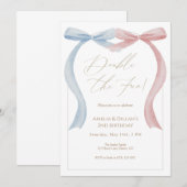 Pink blue bow Twin Birthday Invitation Kaart (Voorkant / Achterkant)