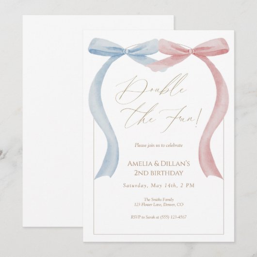 Pink blue bow Twin Birthday Invitation Kaart (Voorkant / Achterkant)