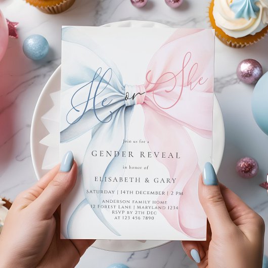 Pink & Blue Bows Gender Reveal Invitation Kaart
