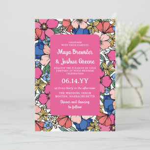Pink Blue Coral Flowers Spring Summer Weddenschap Kaart