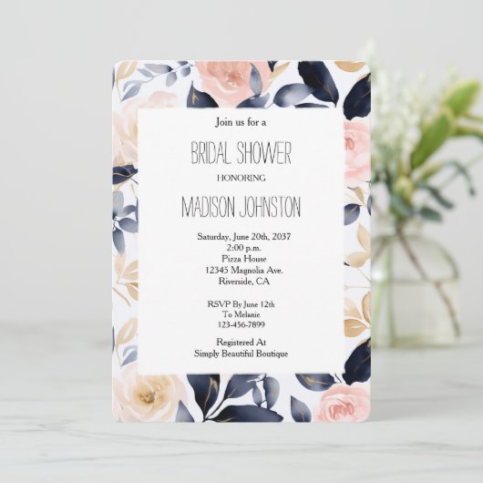 Pink Blue Cream Floral Bridal Shower Kaart (Staand voorkant)