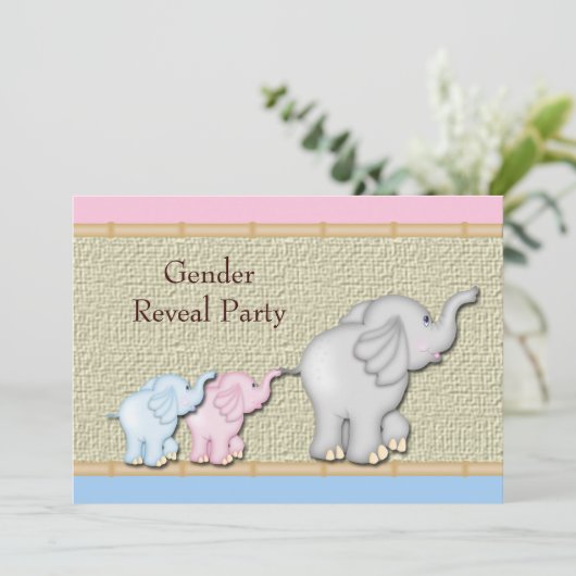 Pink Blue Elephant Gender Reveal Party Uitnodiging (Staand voorkant)