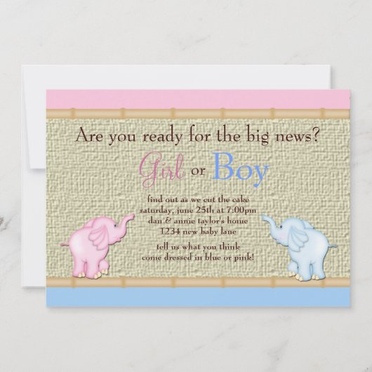 Pink Blue Elephant Gender Reveal Party Uitnodiging (Achterkant)