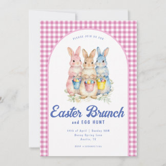 Pink Blue Floral Bunny Watercolor Gingham Easter Kaart