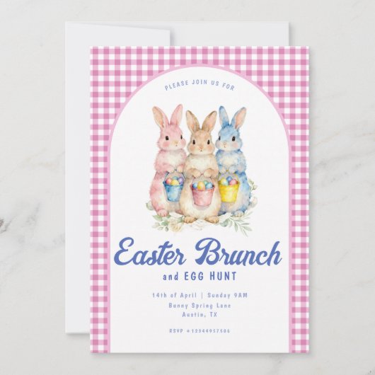 Pink Blue Floral Bunny Watercolor Gingham Easter Kaart (Voorkant)