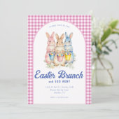 Pink Blue Floral Bunny Watercolor Gingham Easter Kaart (Staand voorkant)