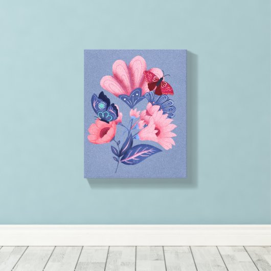 Pink Blue Floral Butterflies Folk Art Canvas Afdruk (Insitu (Houten vloer))